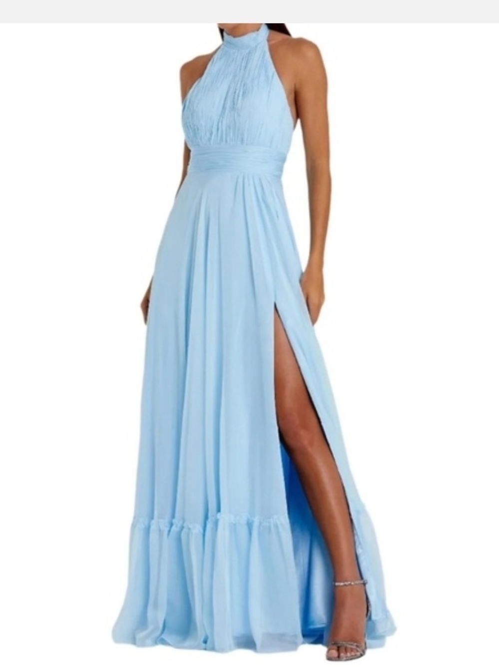 NWT Mac Duggal Halter Neck Light Blue Maxi Dress with High Slit, Size 12